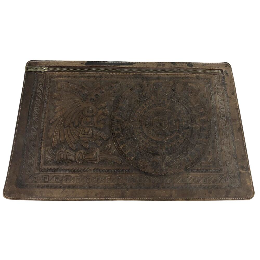 Leather Folder Aztec Native American Design with Zipper Vintage 16" x 10.5"
